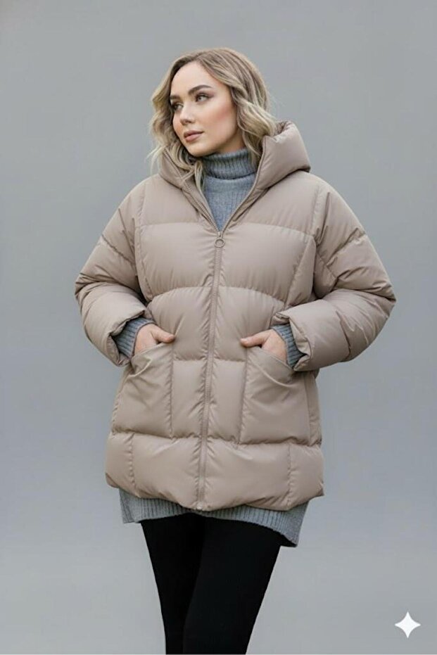 Women's Beige Hooded Puffer Jacket – Oversized Winter Thick Coat – Cold-Proof Puffer Jacket