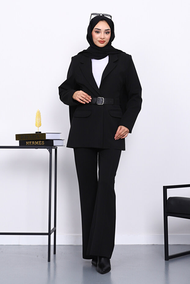 Black Belted Blazer Jacket Pants Suit