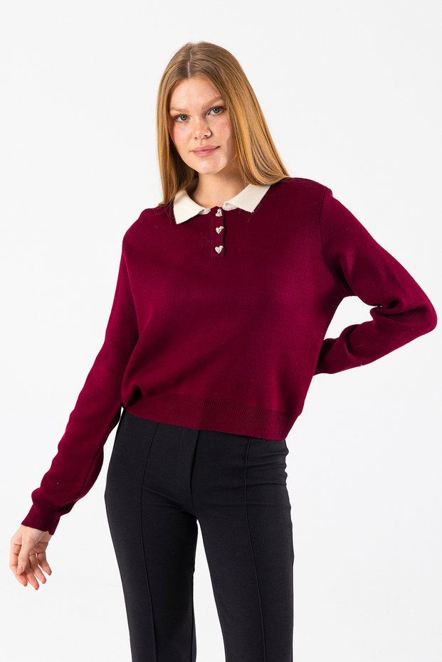 Women's Polo Neck Button Detailed Knitwear Sweater Claret Red - 25K 2546