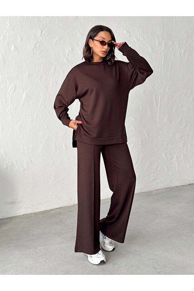 Kobieta Brązowy Wygodny Krój Miękka Modalowa Tkanina Komplet Spodni i Bluzki - 4