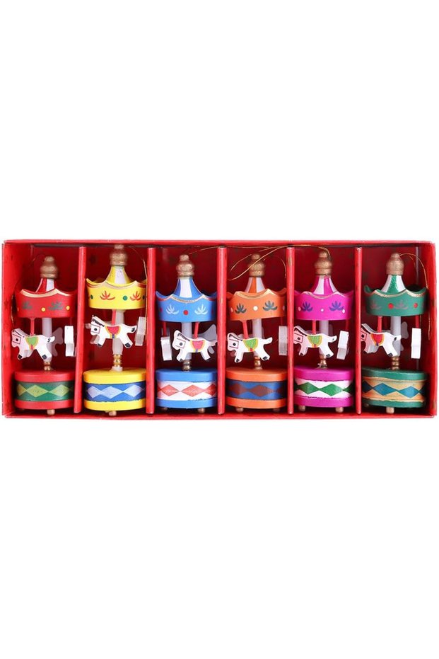 Wooden 6-Piece Mini Carousel Christmas Decor – Colorful Hand-Painted Table and Tree Ornament Set Gift