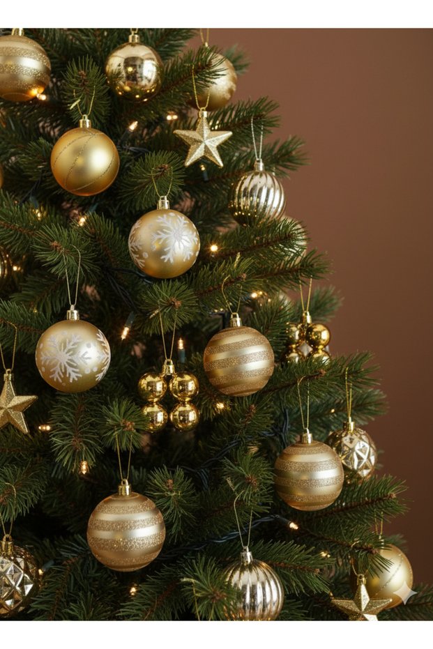 42 Piece Christmas Tree Ball Ornament Set - Gold Color Luxury Tree Decoration Set (Special Pvc Kraft Box)