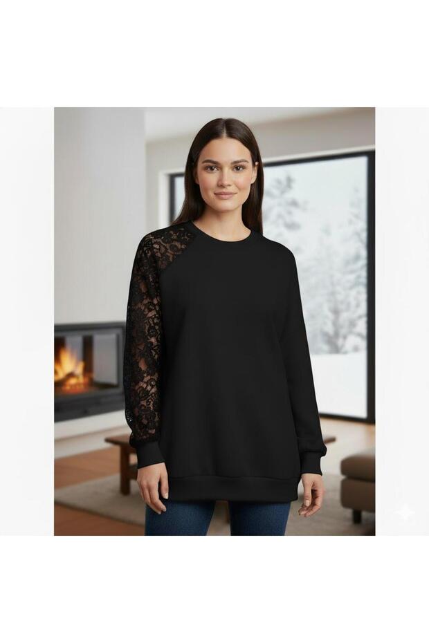 Black Lace Detailed Sweatshirt – Stylish and Comfortable Casual Women's Top – Soft Fabric