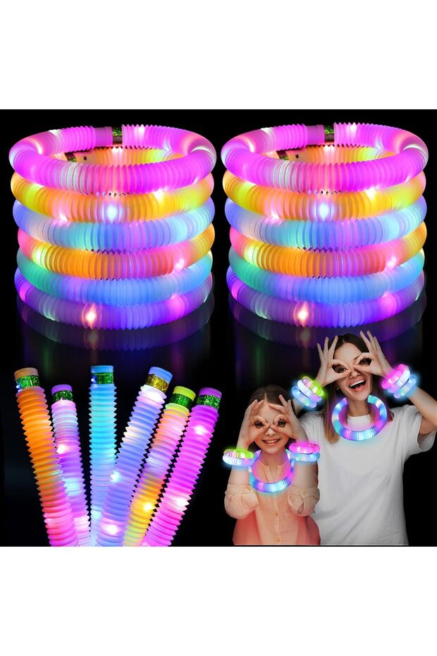 Light Up Pop Fidget Tubes Party Favors for Kids, 12 Pack Glow in The Dark Party Supplies Toddler