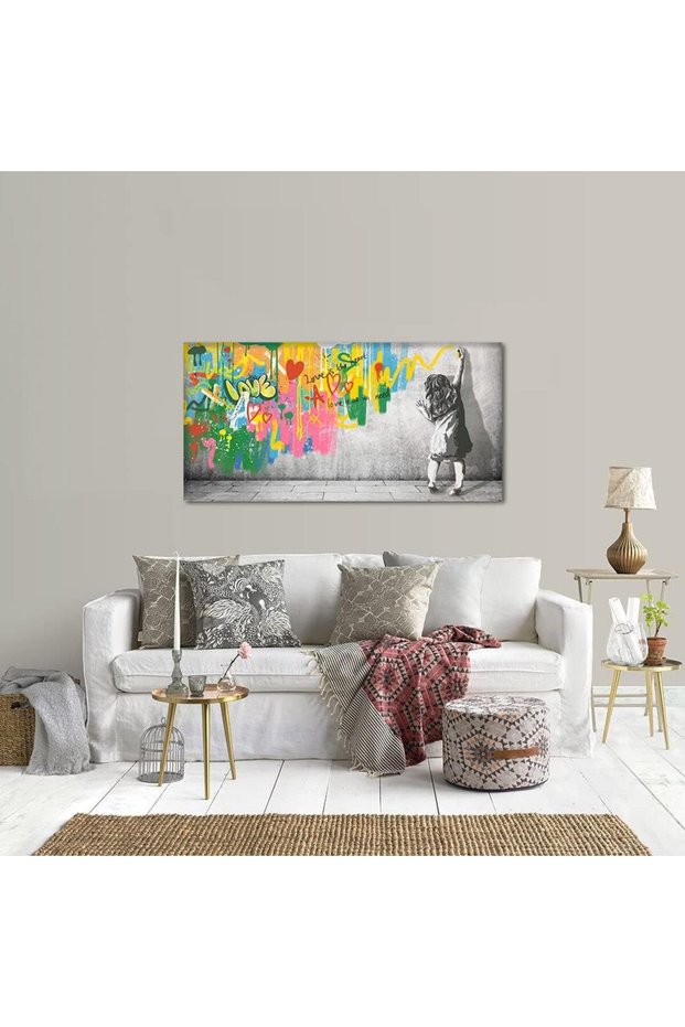 Modern Graffiti Wall Art Boy Behind Curtain Street Painting (60x120 cm, Framed)