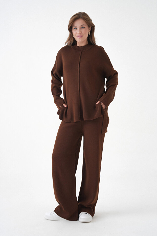 Women Mock Neck Slit Sweater Pants Knitwear Top-Bottom Set