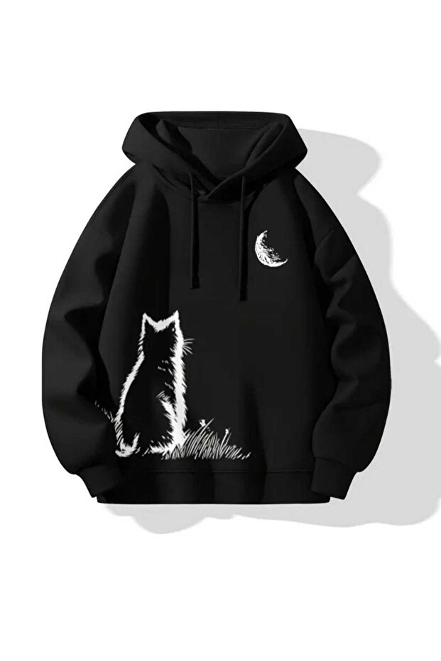 Moonlight Themed Cat Printed Hoodie