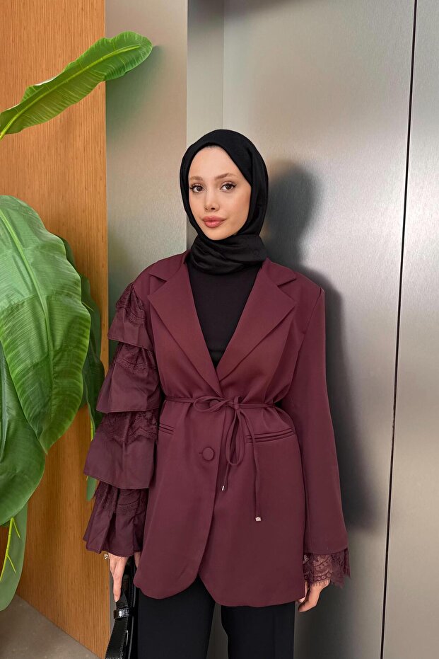 Kol Dantelli Premium Ceket - Bordo - 3