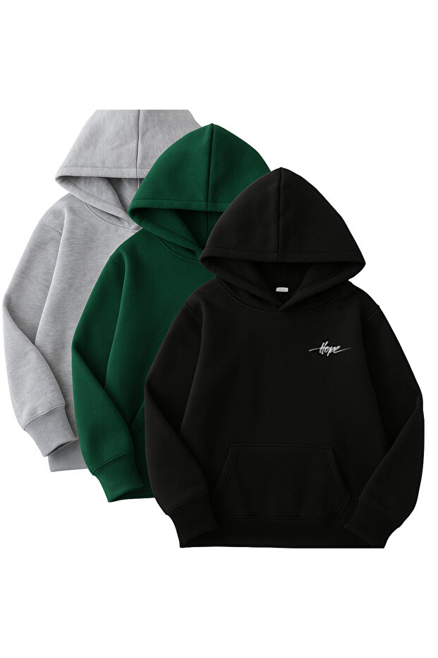 3-Piece Hooded Sweatshirt Set- Minimal Hope Printed - Black Nefti Green Gray Winter Fleece-Lined Fabric