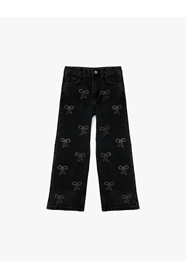 Cotton Bow Detail Wide Leg Denim Pants