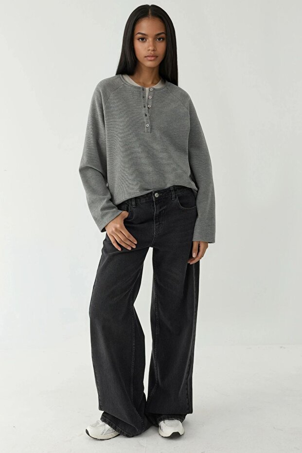 Comfortable Patterned Half Placket Buttoned Basic Long Sleeve T-Shirt - 5