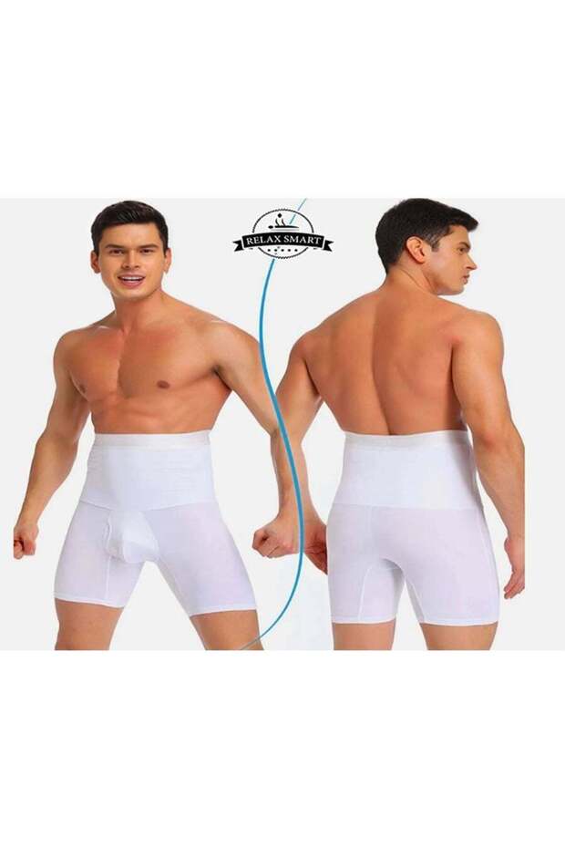 شورت ضغط أبيض عالي الخصر للرجال - دعم قوي للفخذ والبطن
