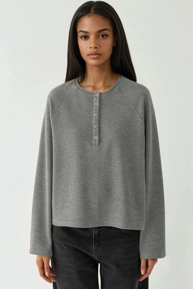 Comfortable Patterned Half Placket Buttoned Basic Long Sleeve T-Shirt - 6