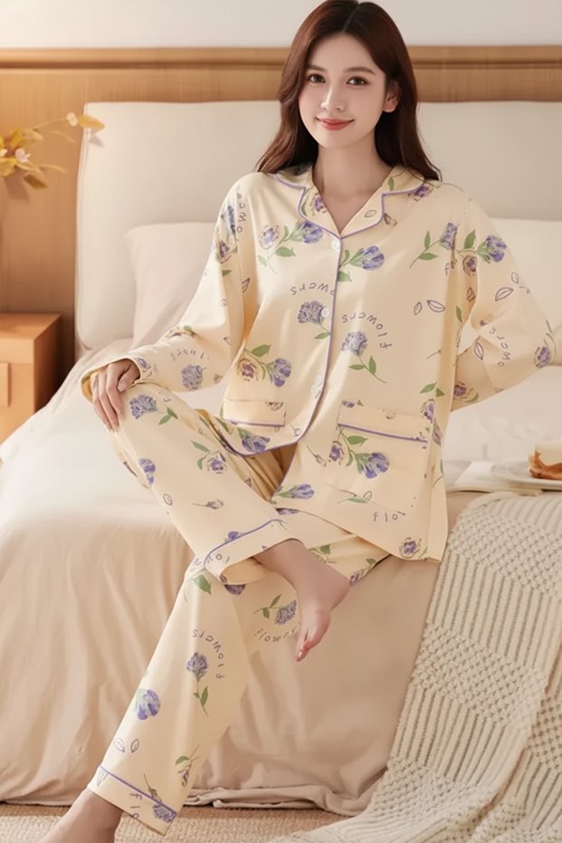 Women's Pajama Floral Pattern Lounge Wear Girl's Two Pieces Soft Pajama Set