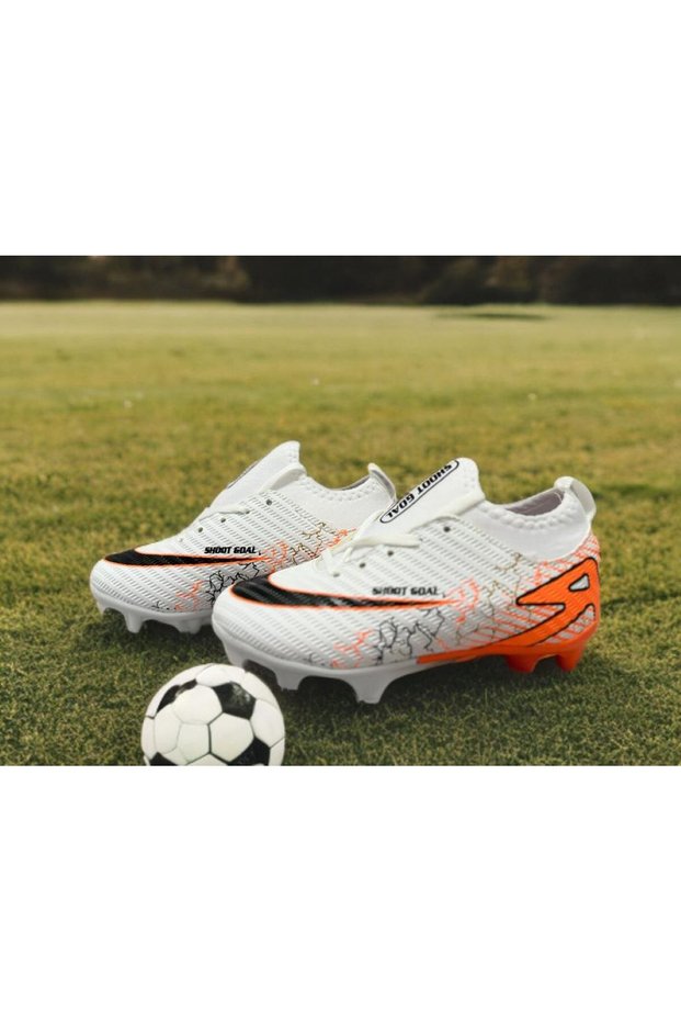 Boys' Football Cleats with Socks, Turf Field Gear, Soccer Sports Shoes (White-Orange Color)--Filet-Garson