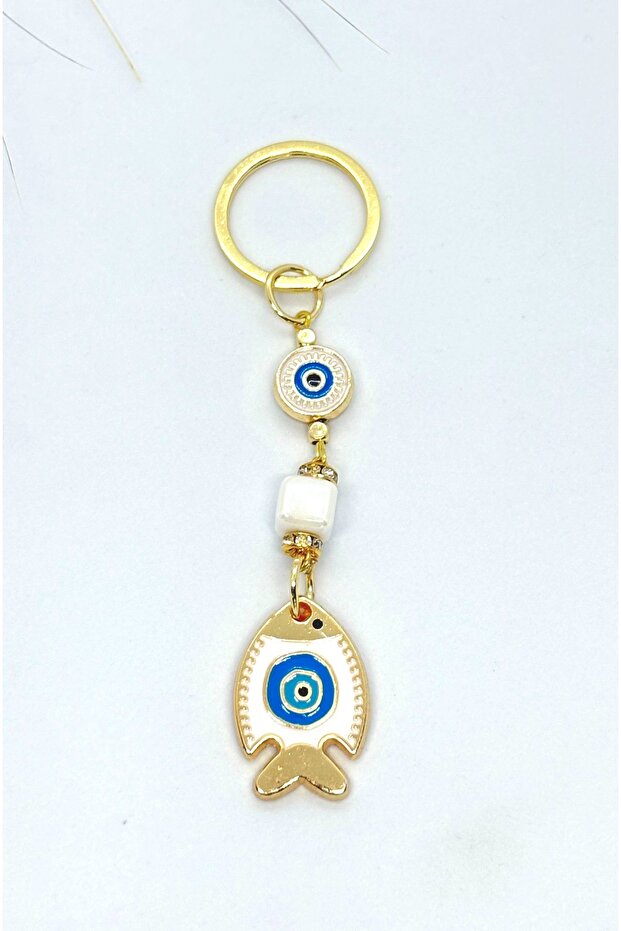 White Fish Stone Metal Keychain, Lucky Keychain, Metal Evil Eye Bead Keychain