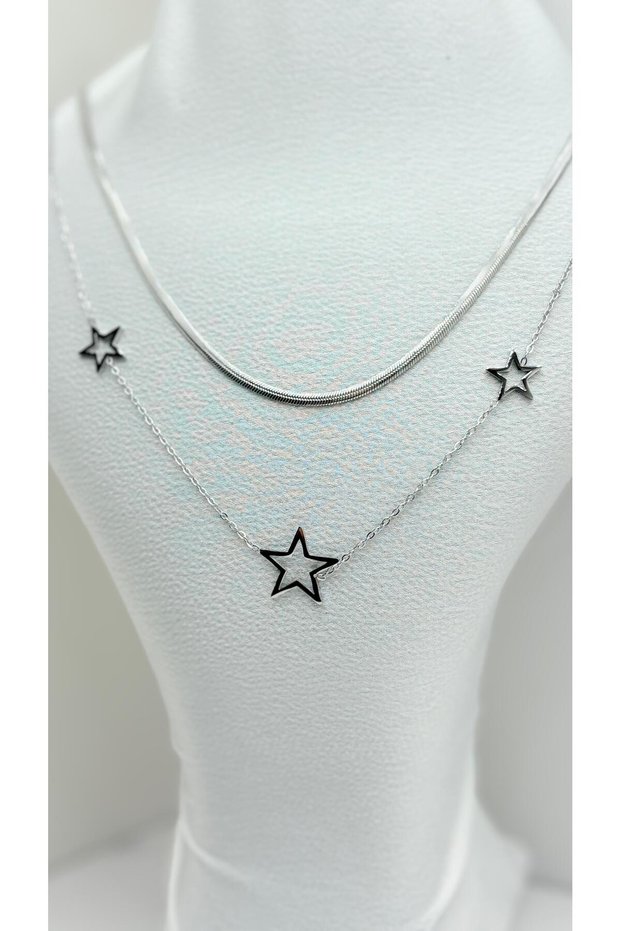 Women's Steel Gold and Silver Color Crushed Chain and Star Detailed 2-Piece Necklace Stylish and Elegant Combination Jewelry