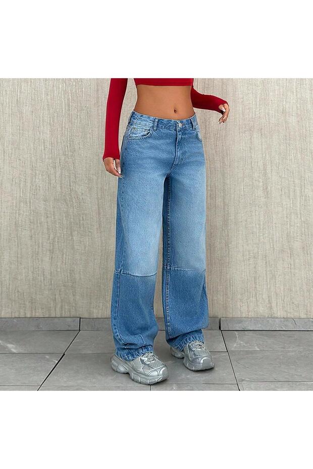 Kn Blue Embroidered Women's Jeans with Leg Cuffs and Back Embroidery