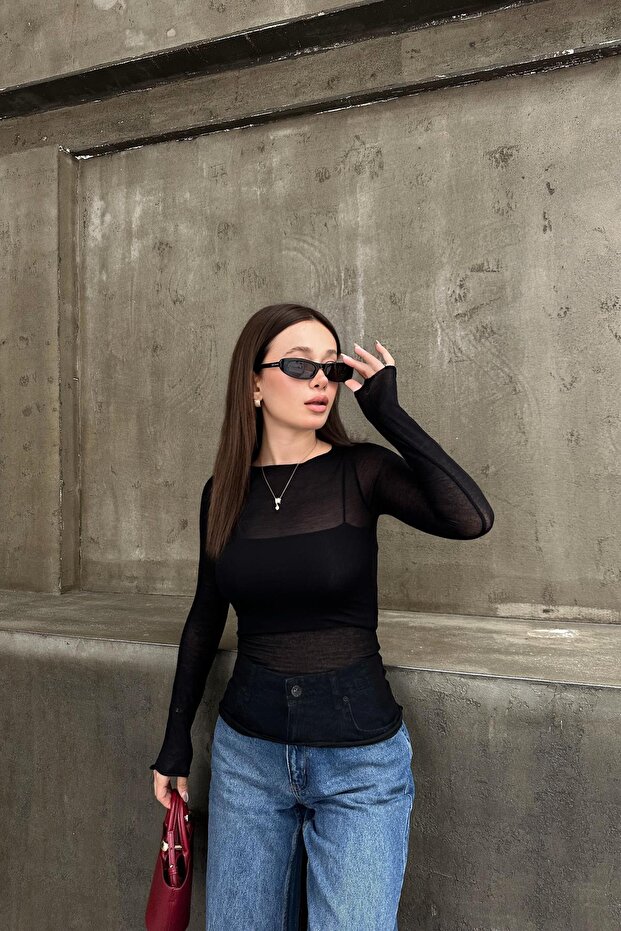 İnce Kayık Yaka Basic Bluz Siyah - 3