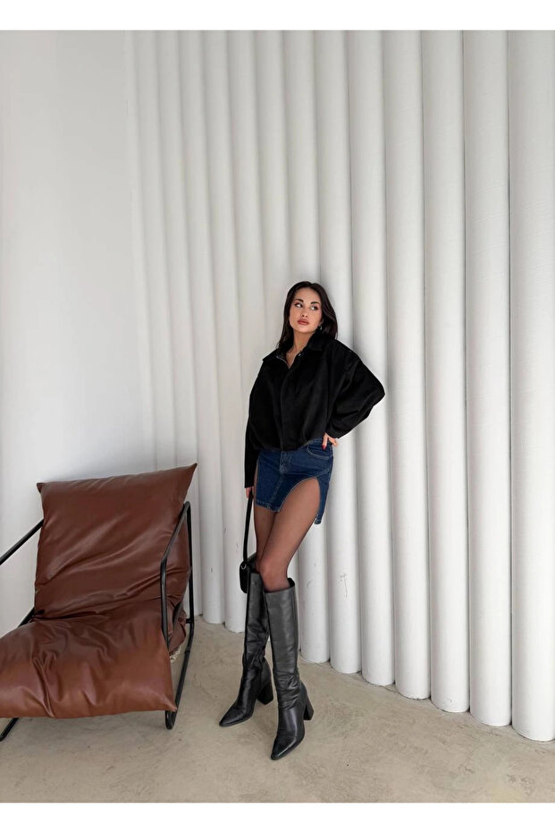 Lüx Süet Oversize Bomber Ceket Siyah - 3