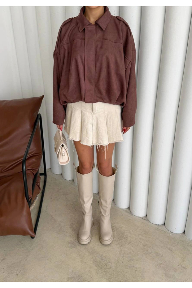 Lüx Süet Oversize Bomber Ceket Kahve - 6