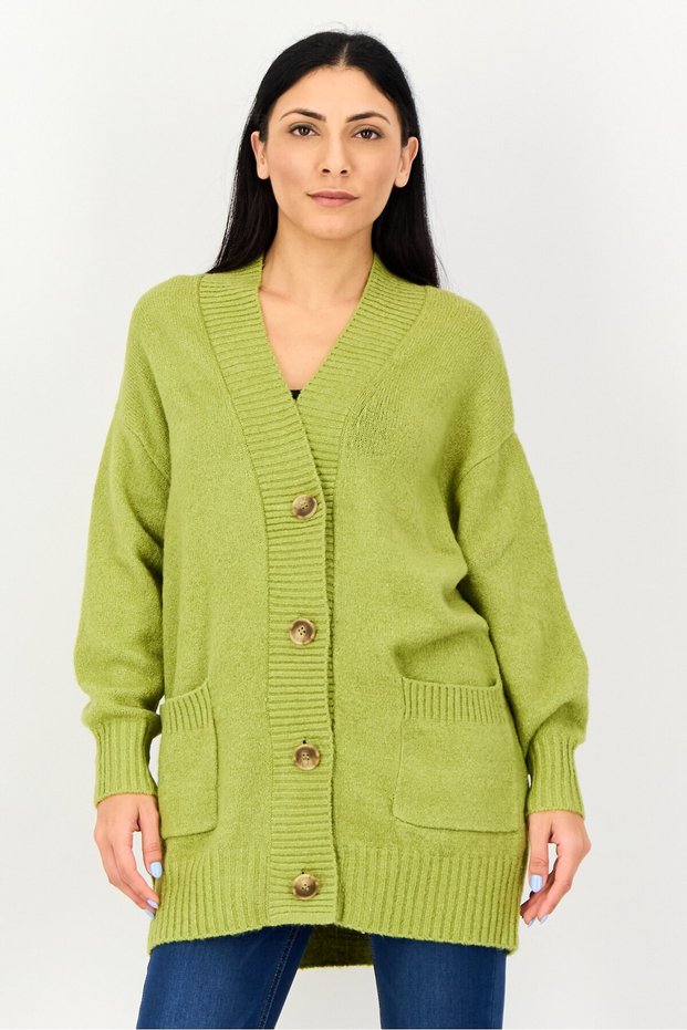 Women V-Neck Knitted Cardigan, Green