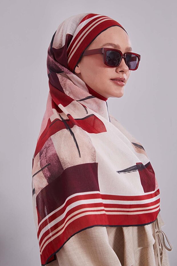 Red Abstract Pattern Cotton Scarf - 1