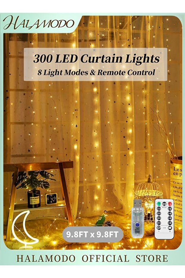 300 مصباح ستارة LED، 9.8 قدم × 9.8 قدم، أضواء خرافية مع 8 أوضاع إضاءة، سلسلة إضاءة معلقة مرنة من LED
