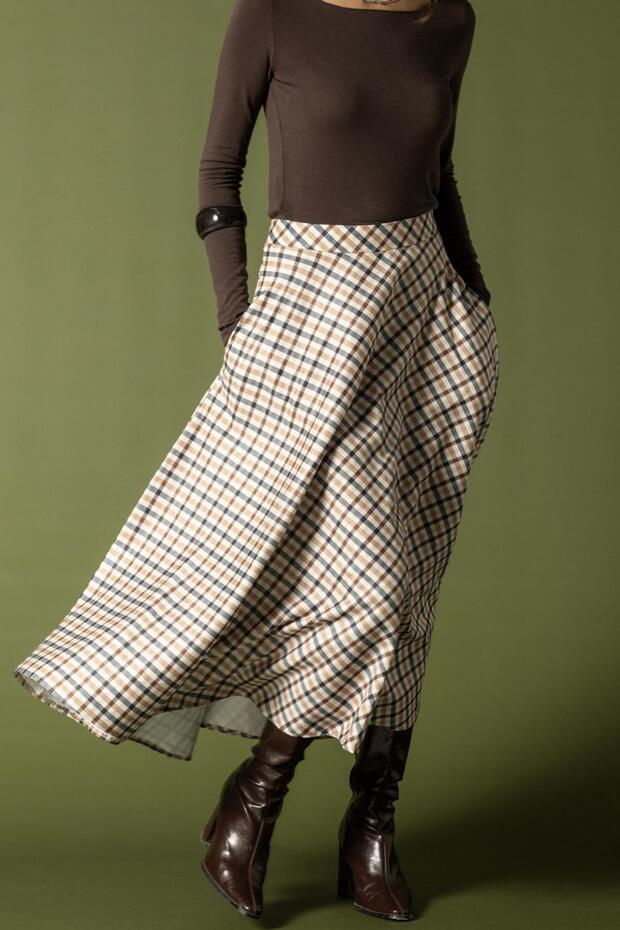 تنورة واسعة منقوشة باللون البيج 7066 - 3