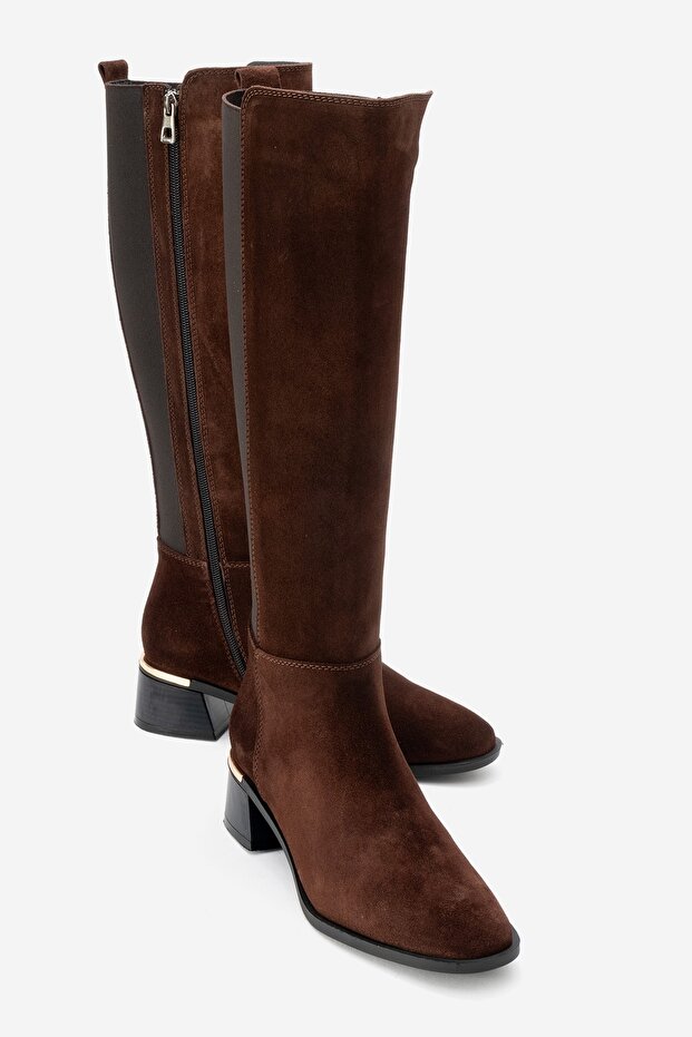 Rochos Brown Suede Stretch Detailed Genuine Leather Women's Boots