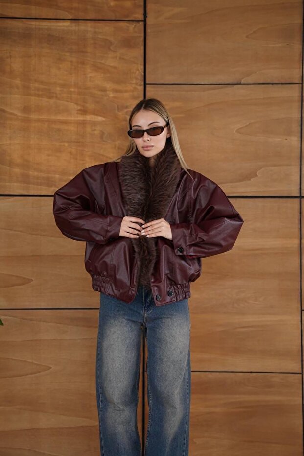 سترة جلدية مع ياقة فرو - 6