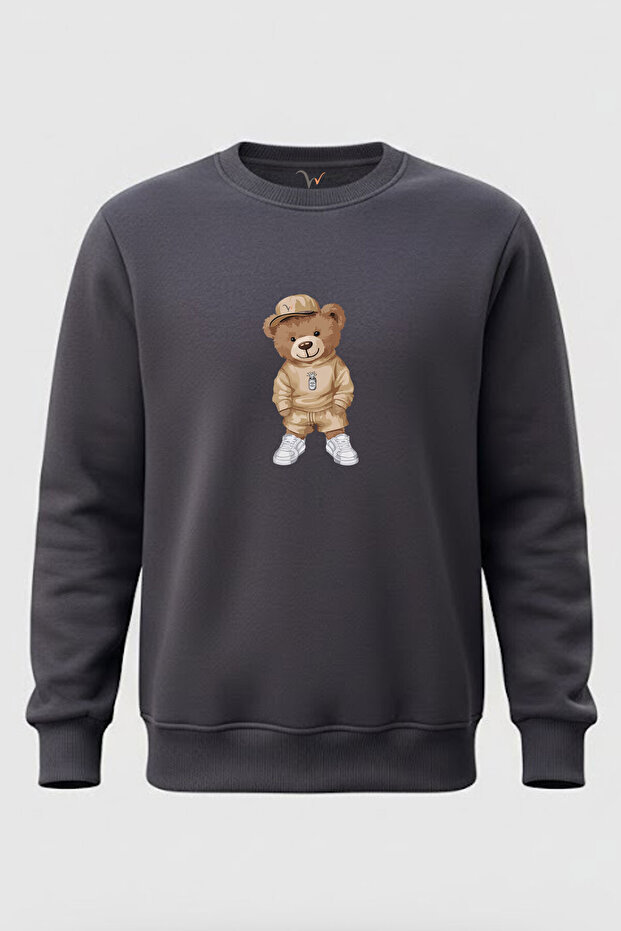 Teddy Bear Printed Regular Fit 3 Thread Ş Fleece-Lined Crew Neck 100% Cotton Smoked Sweatshirt
