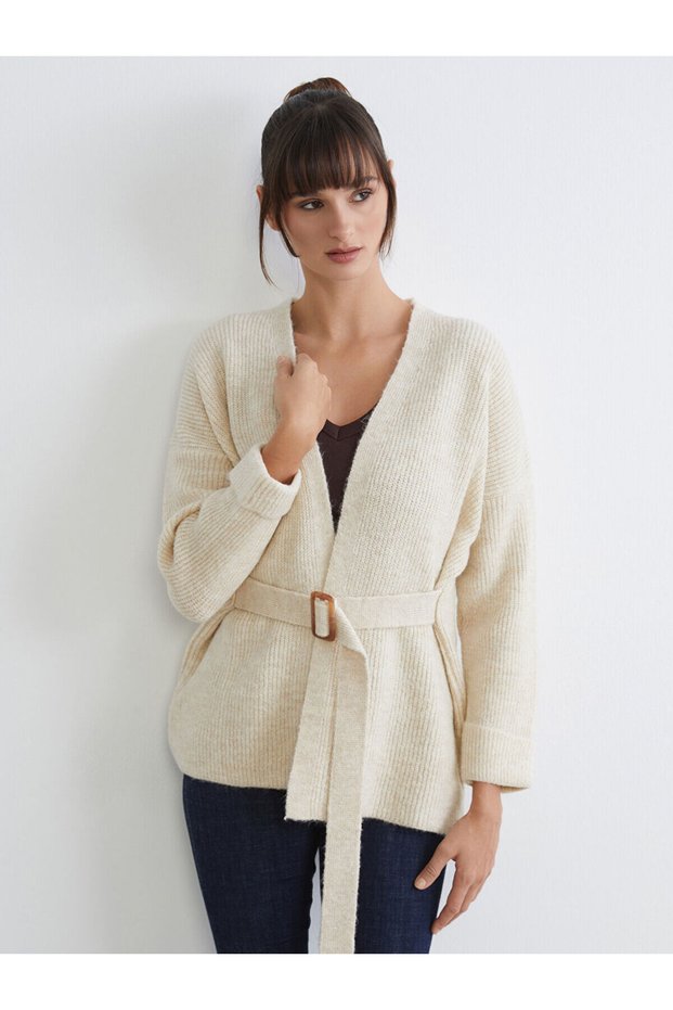 Alita City Farkıyla Soulife Beige Knitwear Plain Midi Women's Cardigan