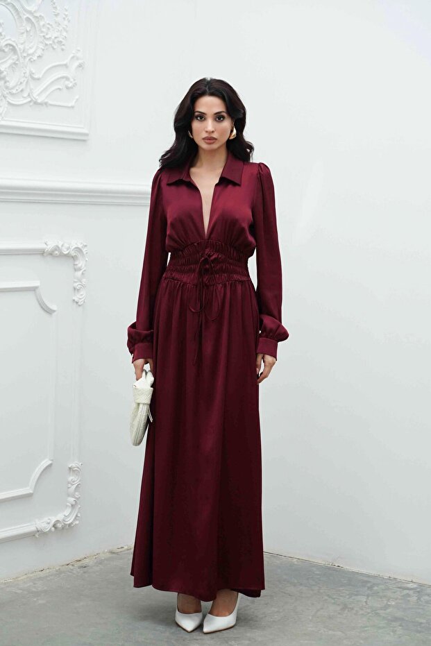 Burgundy V-Neck Tie Waist Satin Dress