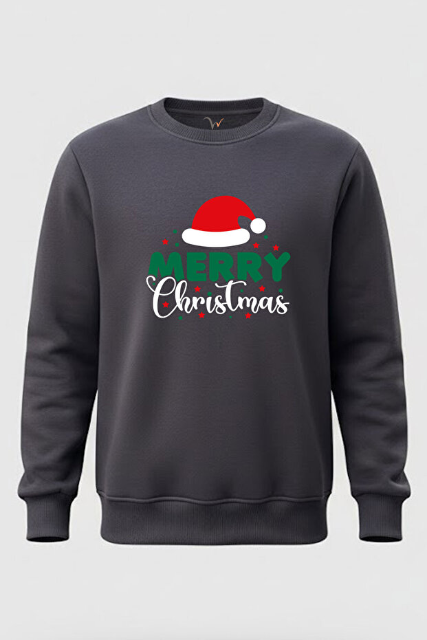 New Year Merry Christmas Christmas Hat Printed 3 Thread Fleece-Lined %100 Cotton Smoked Sweatshirt