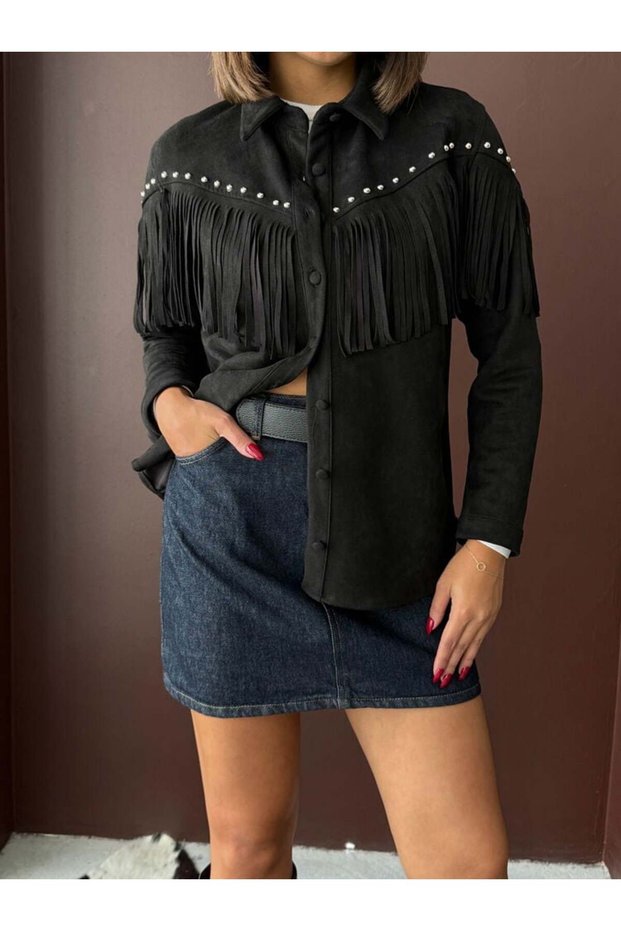 Genuine Suede Tassel Long Sleeve Shirt