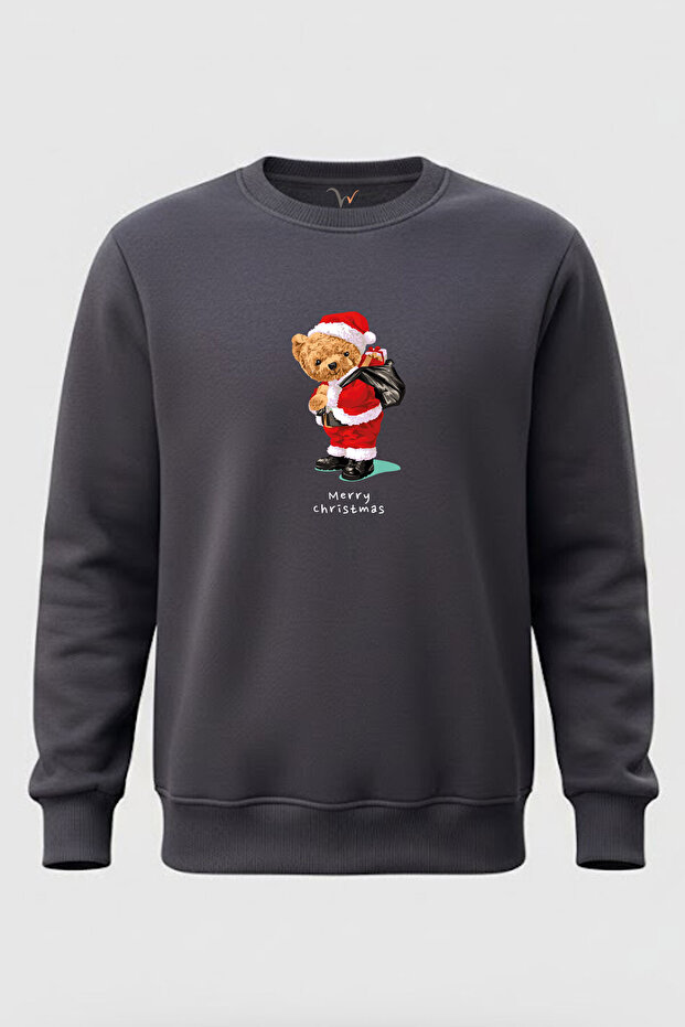 Christmas Cute Teddy Bear Christmas Printed Regular Fit 3 Thread Raised 100% Cotton Sweatshirt