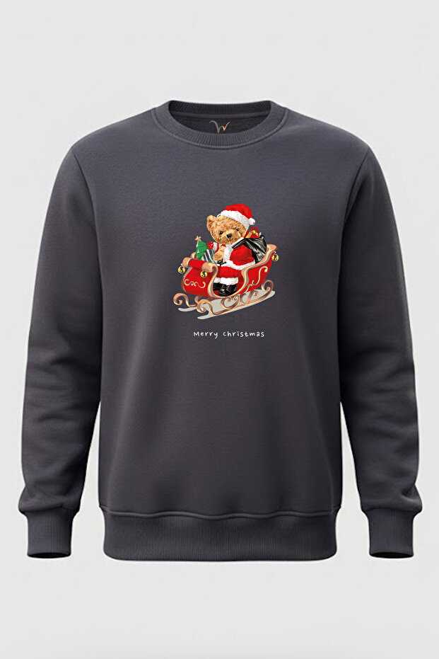 New Year Christmas Merry Christmas Cute Teddy Bear Printed Regular Fit 3 Thread Raised 100% Cotton Sweatshirt