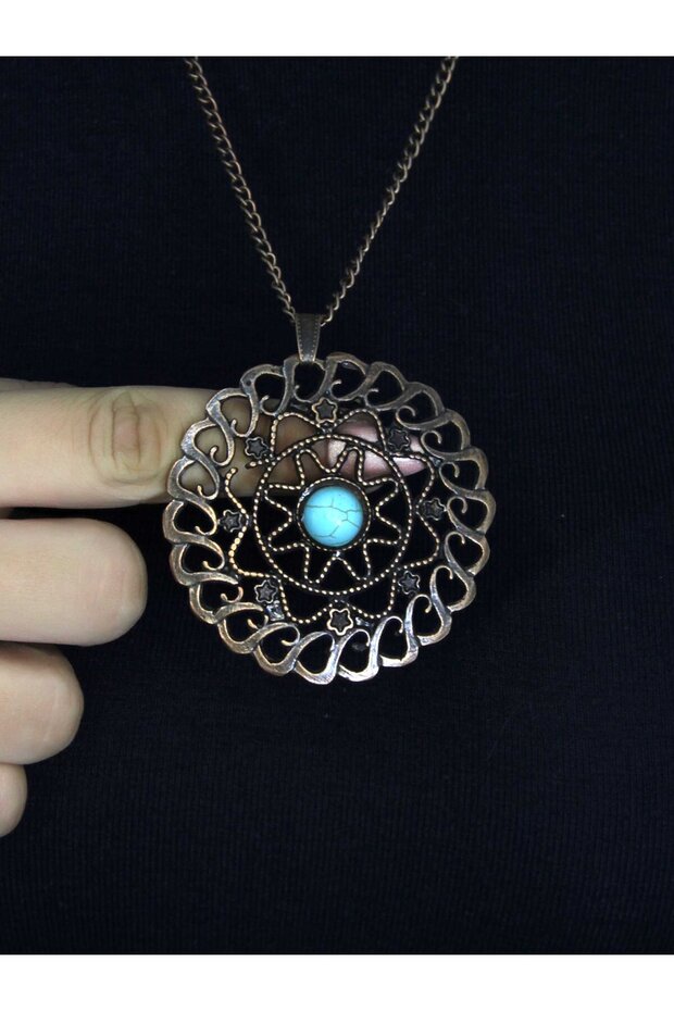Natural Stone Turquoise Natural Stone Round Model Women's Antique Necklace Euk47F
