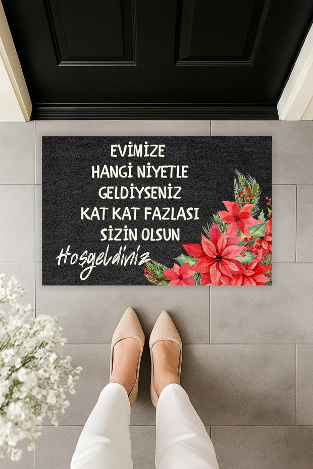 Modern Digital Printing Welcome Mat with the Text: Whatever Your Intentions Are, Written in Red Flowers on the Front of the Door, 70X45Cm