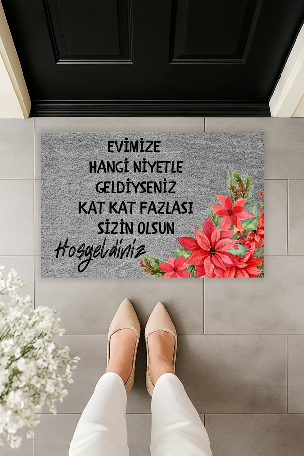 Modern Digital Printing Welcome Mat with the Text: Whatever Your Intentions Are, Written in Red Flowers on the Front of the Door, 70X45Cm