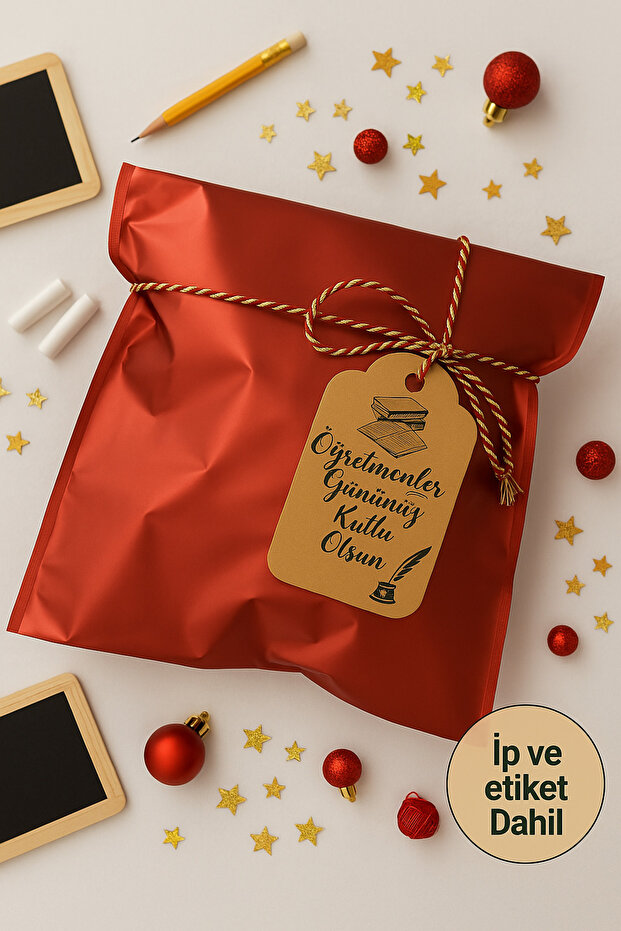 Öğretmenler Günü 30x45 Hazır Metalize Kırmızı Hediye Poşeti ( 1 Metre İp+ Poşet+ Kart) (Sadece Set) - 6