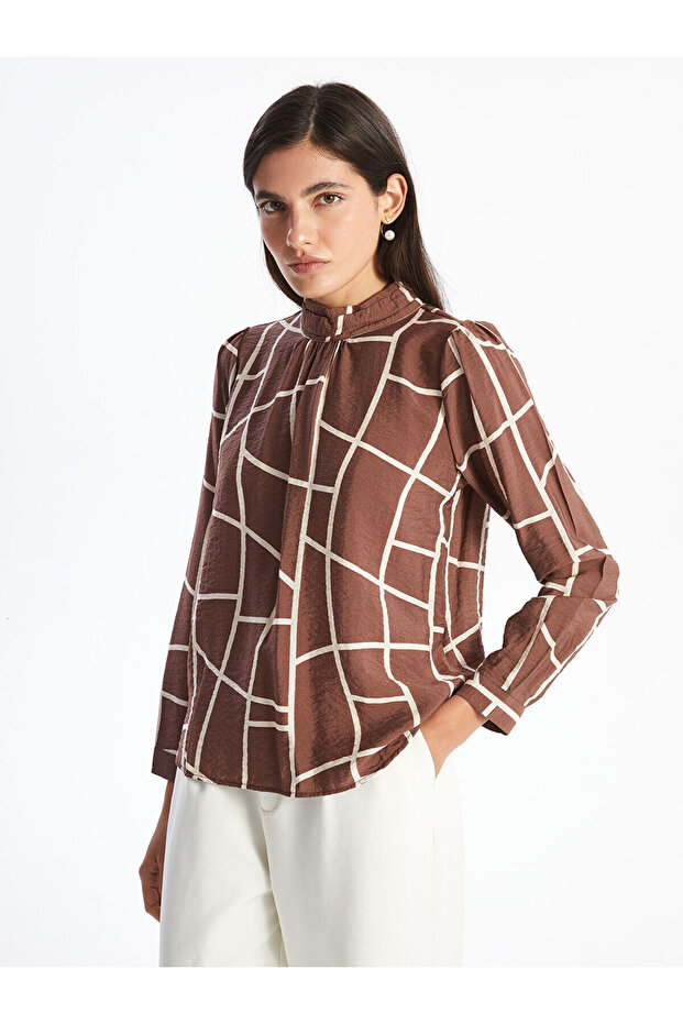 Stand Collar Patterned Oversize Women's Blouse