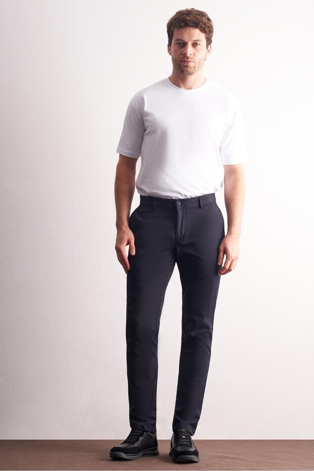 Navy Blue Side Pocket Straight Leg Cotton Slim Fit Chino Casual Trousers 1003255165