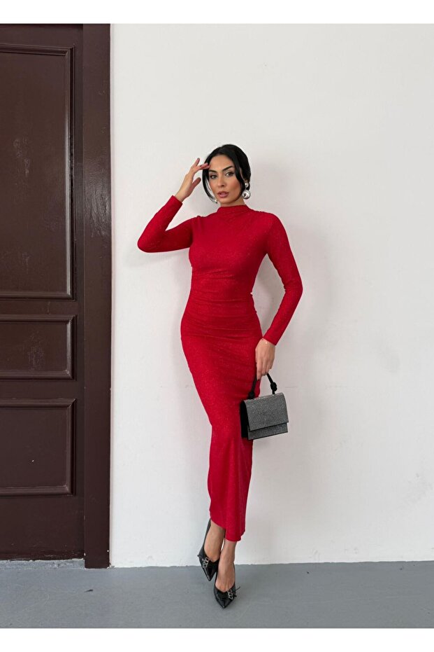 Simli Drape Detay Elbise - 2