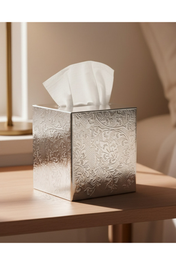 Silver Flower Etched Square Tissue Box Cover
