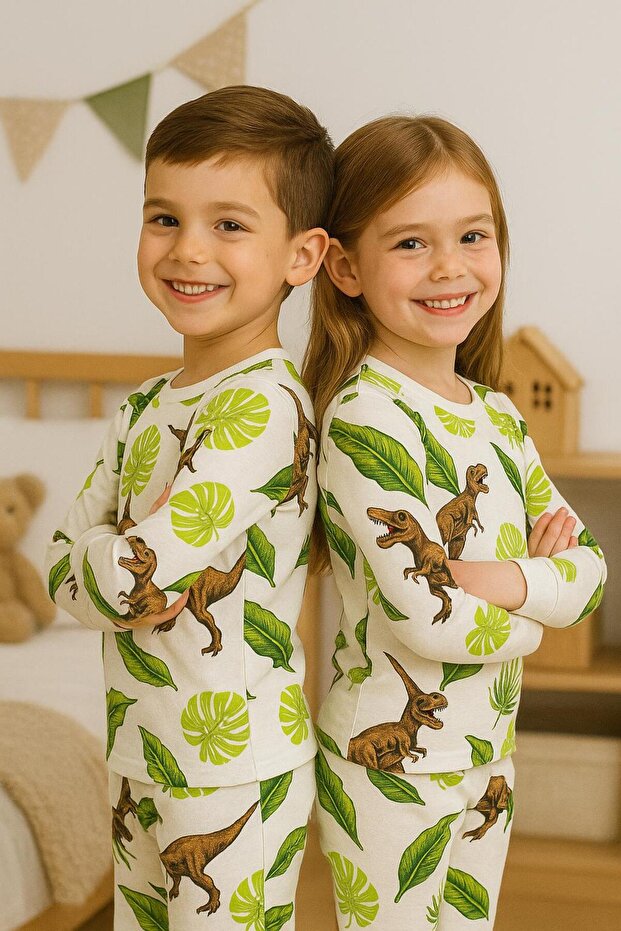 Dinosaur Patterned Girls and Boys Very Cute Pajama Set