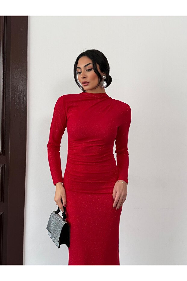 Simli Drape Detay Elbise - 4