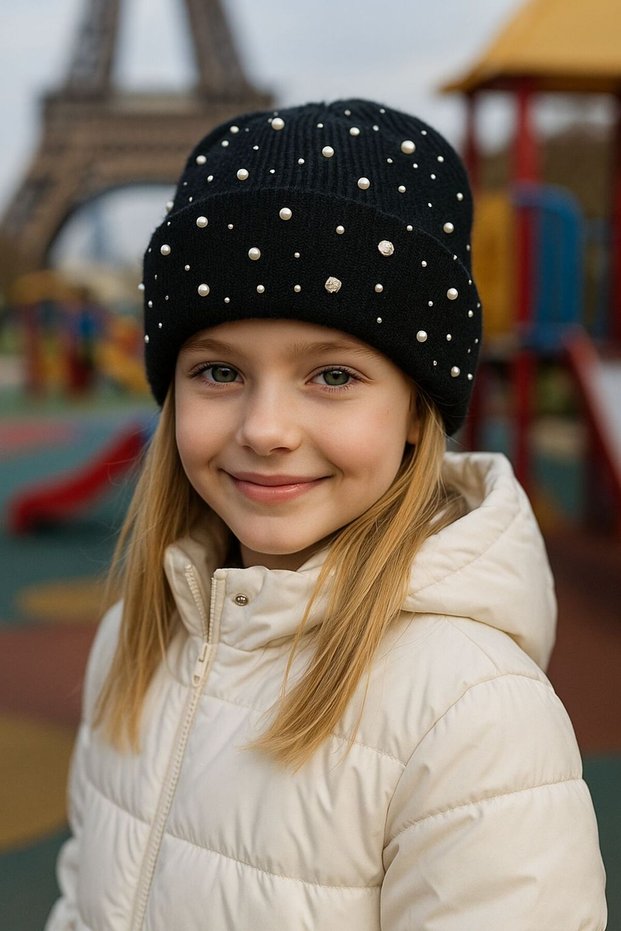 Black Pearl Stone Embroidered Girl's Beret 7-12 Years Old