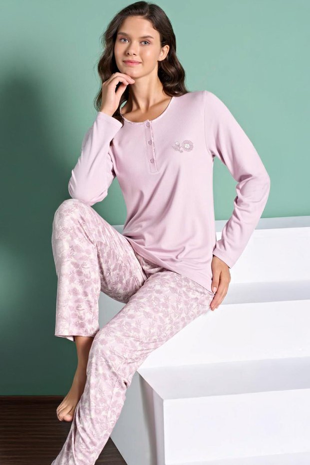 Women's Long Sleeve Button-Down Collar Floral Print Bottom Pink Color Pajama Set C7T8N91